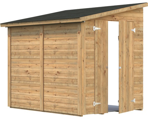 Träskjul med öppen dörr och sadeltak