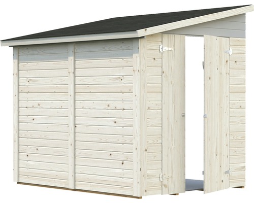 Trädgårdsskåp i trä med öppen dörr och svart tak