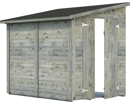 Trädgårdsskjul i trä med öppen dörr