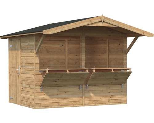 Trädgårdshus i trä med försäljningsluckor