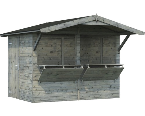 Trädgårdshus i trä med dörr och försäljningsluckor