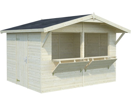 Trädgårdsskjul med försäljningsdisk och dörr