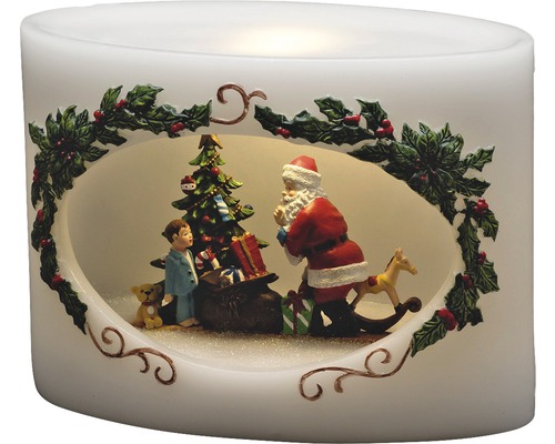 Dekorativt LED-ljus med jultomte, julgran, barn och presenter som festlig dekoration.