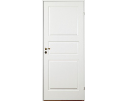 Vit innerdörr med tre paneler och dörrhandtag