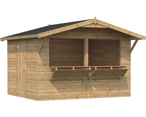 Trädgårdshus i trä med försäljningslucka och dörr