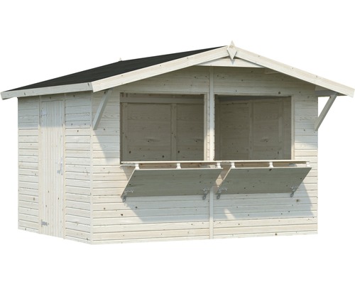 Trädgårdshus i trä med försäljningslucka och dörr