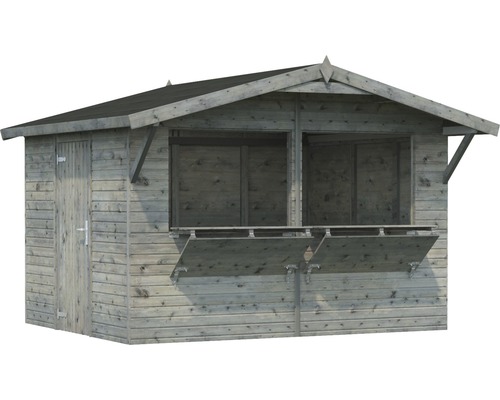 Trädgårdshus i trä med dörr och två utställningsfönster