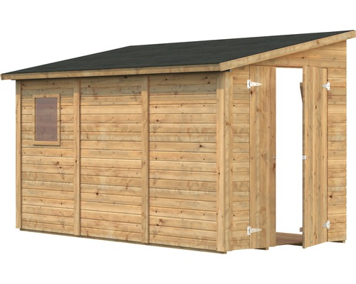 Trädgårdshus i trä med fönster och öppen dubbeldörr