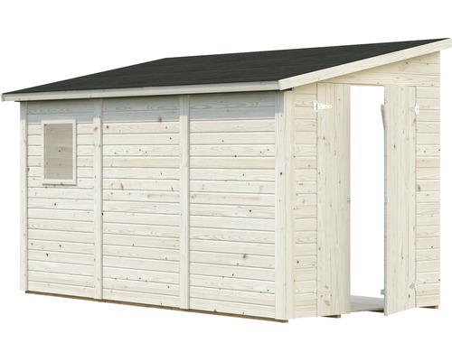 Trädgårdsskjul i trä med fönster och öppen dörr