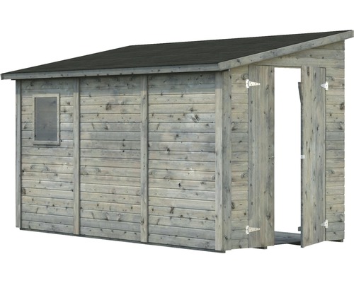 Trädgårdsskjul av trä med fönster och öppen dubbeldörr