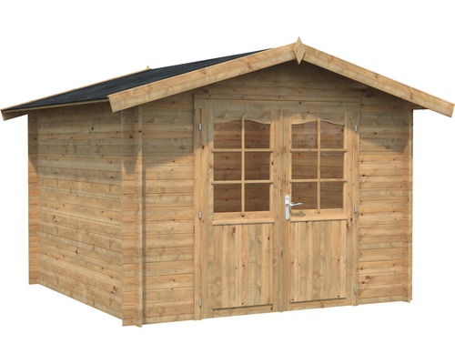 Trädgårdshus i trä med dubbeldörr och sadeltak