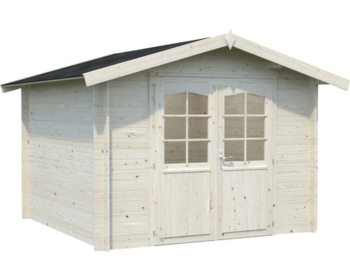 Trädgårdshus av trä med dubbeldörr och sadeltak