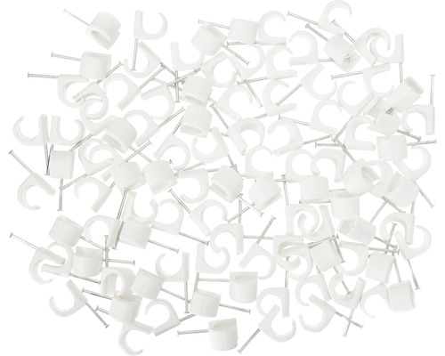 Flera vita kabelklämmor med spikar