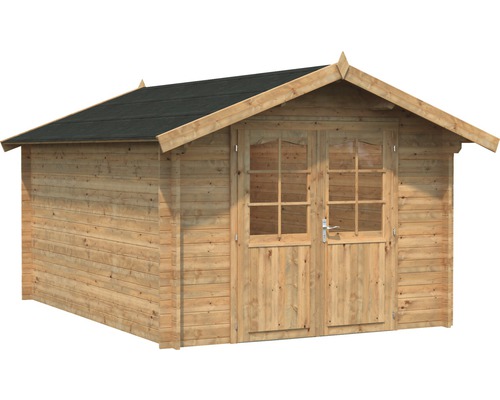 Trädgårdshus i trä med dubbeldörr och sadeltak