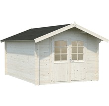 Trädgårdshus i trä med dubbeldörr och svart tak