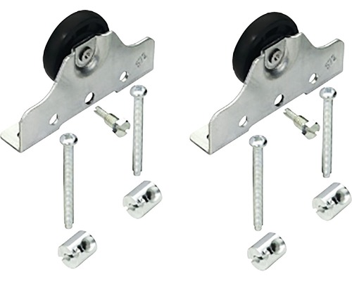 Två möbelhjul av metall med fästmaterial