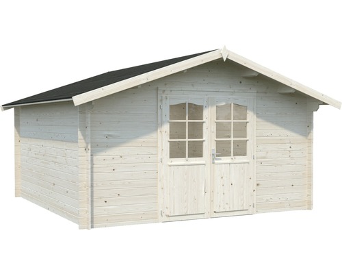 Trädgårdshus av trä med dubbeldörr och tak