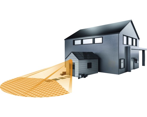 Illustration av ett hus med rörelsedetektor framför dörren