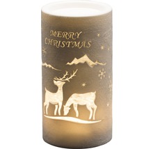 Dekorativt LED-ljus med julmotiv och texten ''Merry Christmas''.