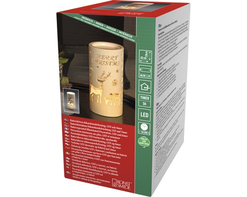 Förpackning med batteridriven LED-dekoration med timerfunktion och texten Merry Christmas