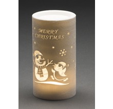 Dekorativt LED-ljus med texten God Jul, snögubbe och fågelmotiv
