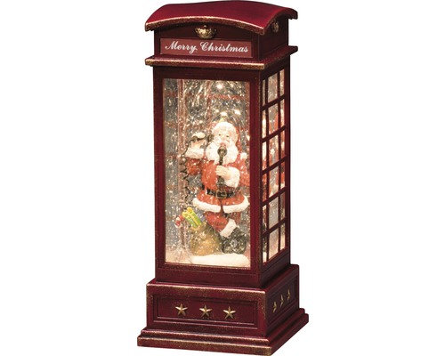 Dekorativ snöglob i telefonkioskutformning med jultomtemotiv