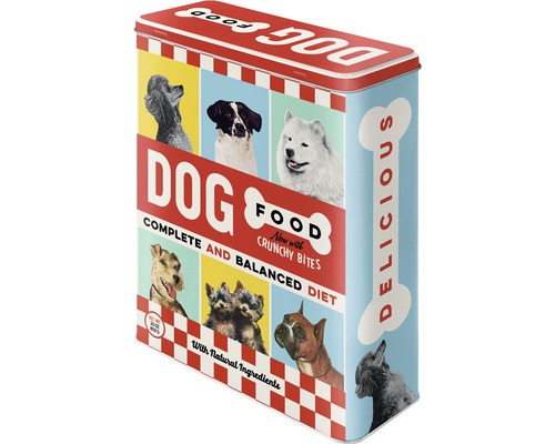 Hundmatsburk med hundbilder och texten komplett mat med naturliga ingredienser.