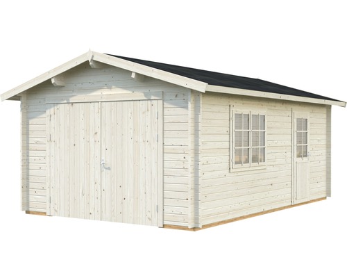 Garage i trä med dubbeldörr, fönster och sidodörr