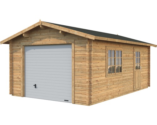 Garage i trä med sektionsport, fönster och dörr