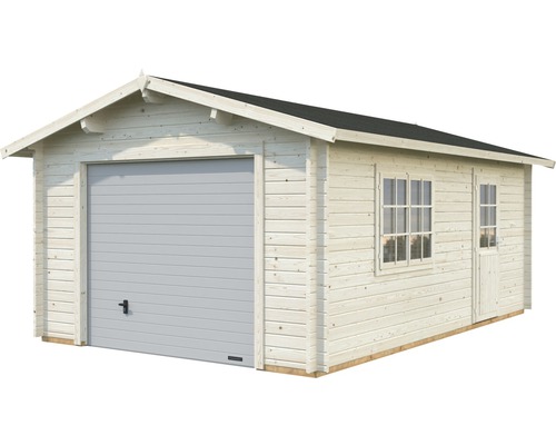 Garage i trä med sektionsport, fönster och dörr