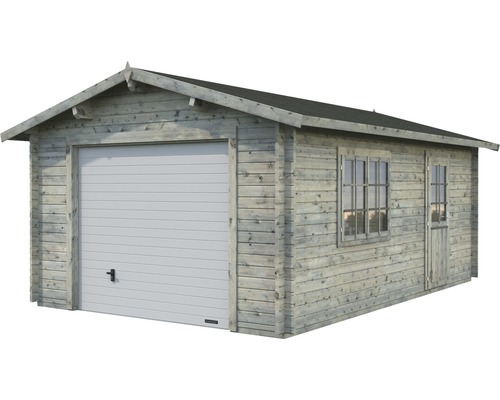 Garage i trä med sektionsport, fönster och dörr