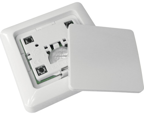 Fyrkantig, öppen strömbrytare med knappcellsbatteri och borttaget lock