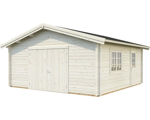 Garage i trä med dubbeldörr, fönster och sidodörr