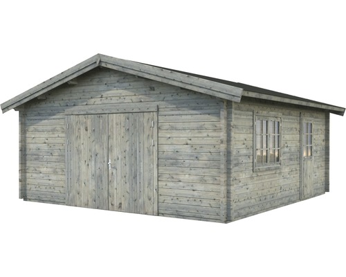 Trägarage med dubbeldörr och fönster