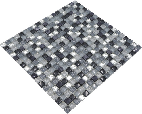 Mosaikplatta med fyrkantiga glasstenar i grått och svart