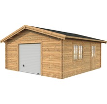Garage i trä med sektionsport, fönster och dörr