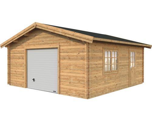 Garage i trä med sektionsport, fönster och dörr