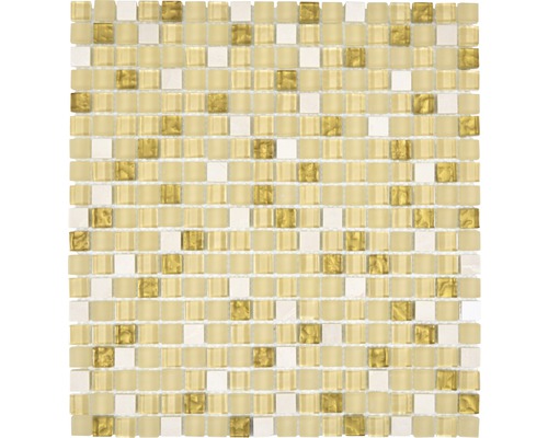 Mosaik glas natursten XCM M910 30,5x32,2 cm beige/vit/guld Mosaikplatta med glas- och metalleffekter