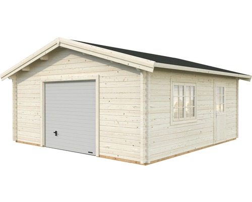 Trägarage med sektionsport, fönster och dörr