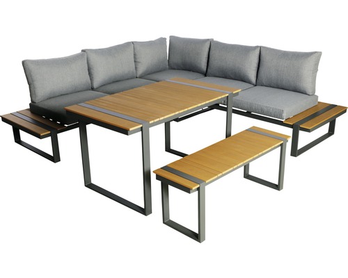 Loungegrupp GARDEN PLACE Eila aluminium 3-delat 237x237cm 7-sits inkl. bord 120x70x69cm och bänk 110x43x34cm i träimitation sittdynor ljusgrå