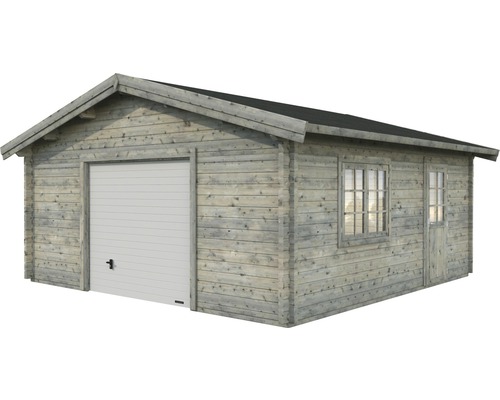 Garage i trä med sektionsport, fönster och dörr