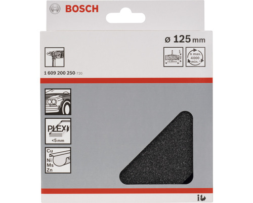 Bosch logotyp. Polersvamp med en diameter på 125 millimeter. Lämplig för billacker, plexiglas och metaller.
