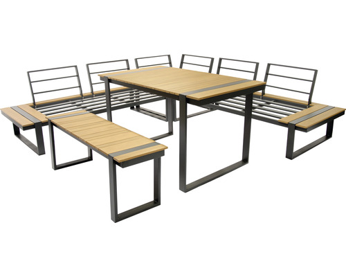 Utebordsgrupp med bord, bänkar och ryggstöd i metall och trä