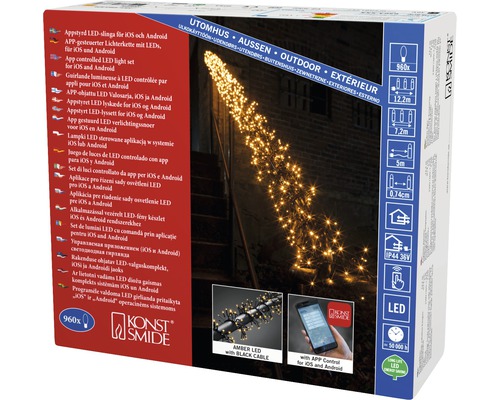 Konstsmide LED-ljusslinga för styrning via app för iOS och Android, med 960 bärnstensfärgade LED-lampor och svart kabel