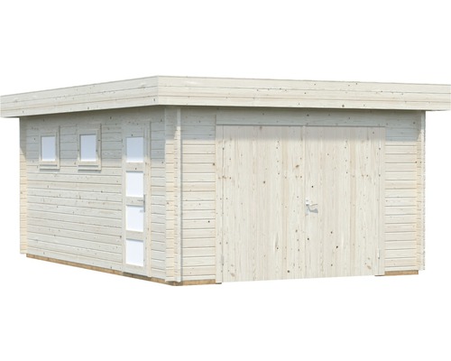 Garage i trä med fönster och dörr