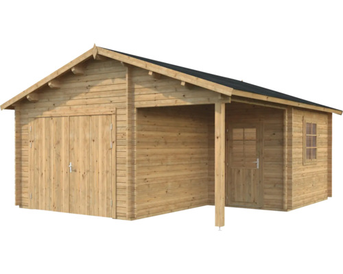 Garage i trä med dubbeldörr och sidoingång