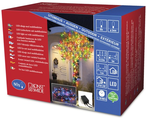 Förpackning med en LED-ljusslinga med multifunktion för utomhusbruk med 80 LED-lampor
