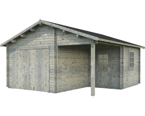 Garage i trä med tak, dubbeldörr och fönster