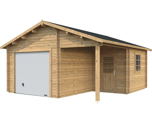 Garage i trä med sektionsport, tillbyggnad och dörr