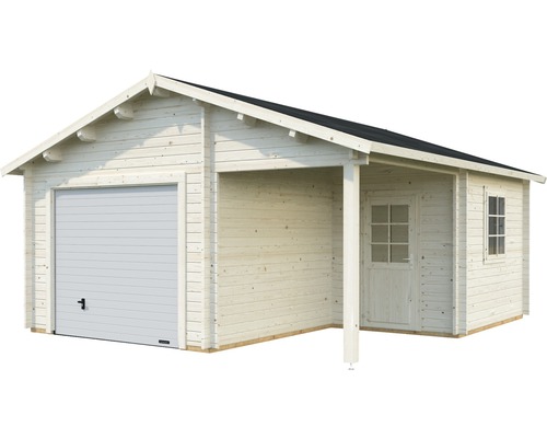 Garage i trä med sektionsport och tillbyggnad